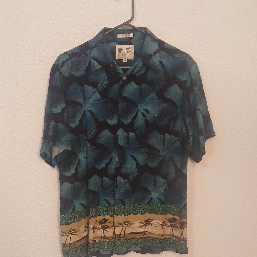 Make Offer Me Sport Blue and Green Casual Button Down Shirt Tropical Pattern
